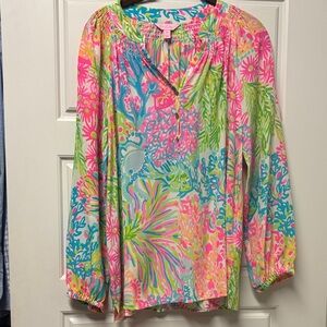 Lilly Pulitzer Silk Elsa Blouse  - Octopus - Fish - Coral - Flowers
